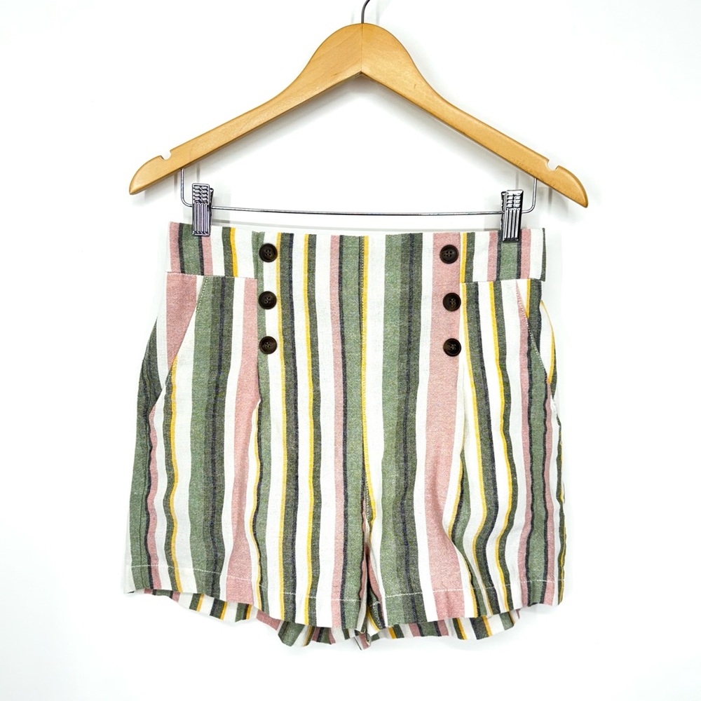 Ci Sono Joel Striped Linen Boho Beach High Rise Pull On Shorts Sage Pink Multi